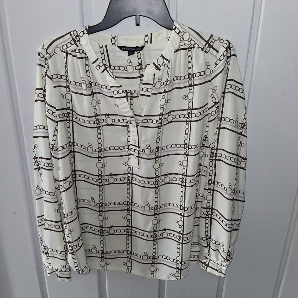 Zac & Rachel Women's Status Print V Neck Roll Tab Sleeve Blouse Sz PL